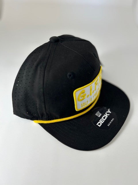 GIFE - Decky 5 Panel Perforated Performance Rope Hat - Black/Gold "Champion"